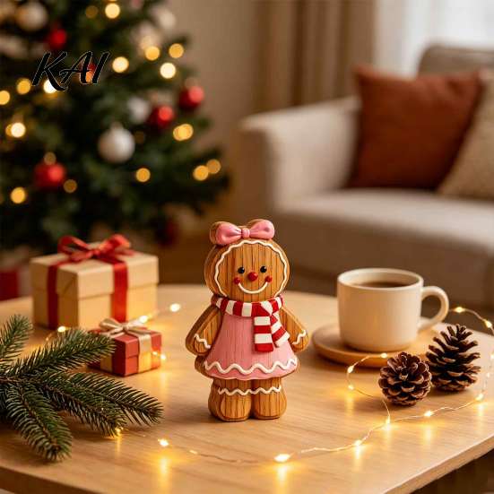 Holiday Gift for Kids Cartoon Gingerbread Wooden Ornament, Double-sided Printed Desktop Tabletop Figurines, Decorative Signs Craft Home And
