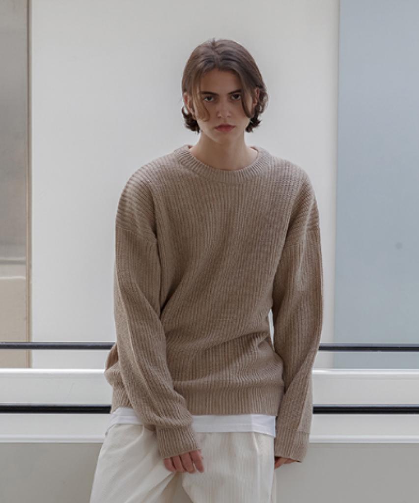AGOD Crew Neck Ribbed Oversized Hazzi Knit [Beige]