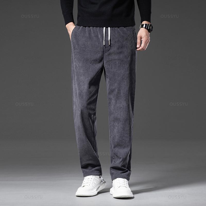 Four Seasons Corduroy Pants Men Drawstring Elastic Waist Business Loose Straight Korea Casual Trousers Male Oversized M-5XL
