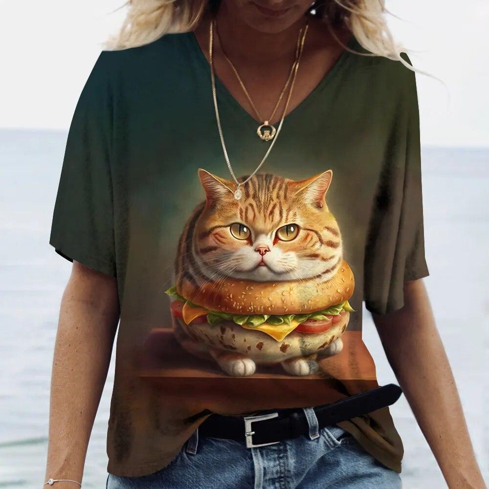 Women's T-shirt Kawaii Cat Print 3D T Shirt Top Girls Y2k Clothing Summer Short Sleeve Tees V-neck Casual Holiday Female T-shirt