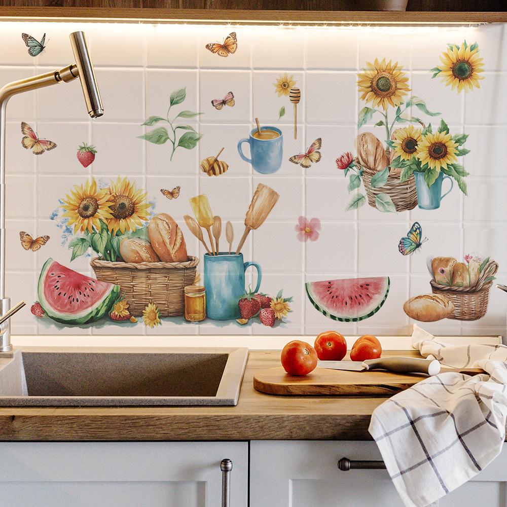 Summer Painted Sunflower Bread Butterfly Kitchen Porch Background Landscaping Wall Sticker