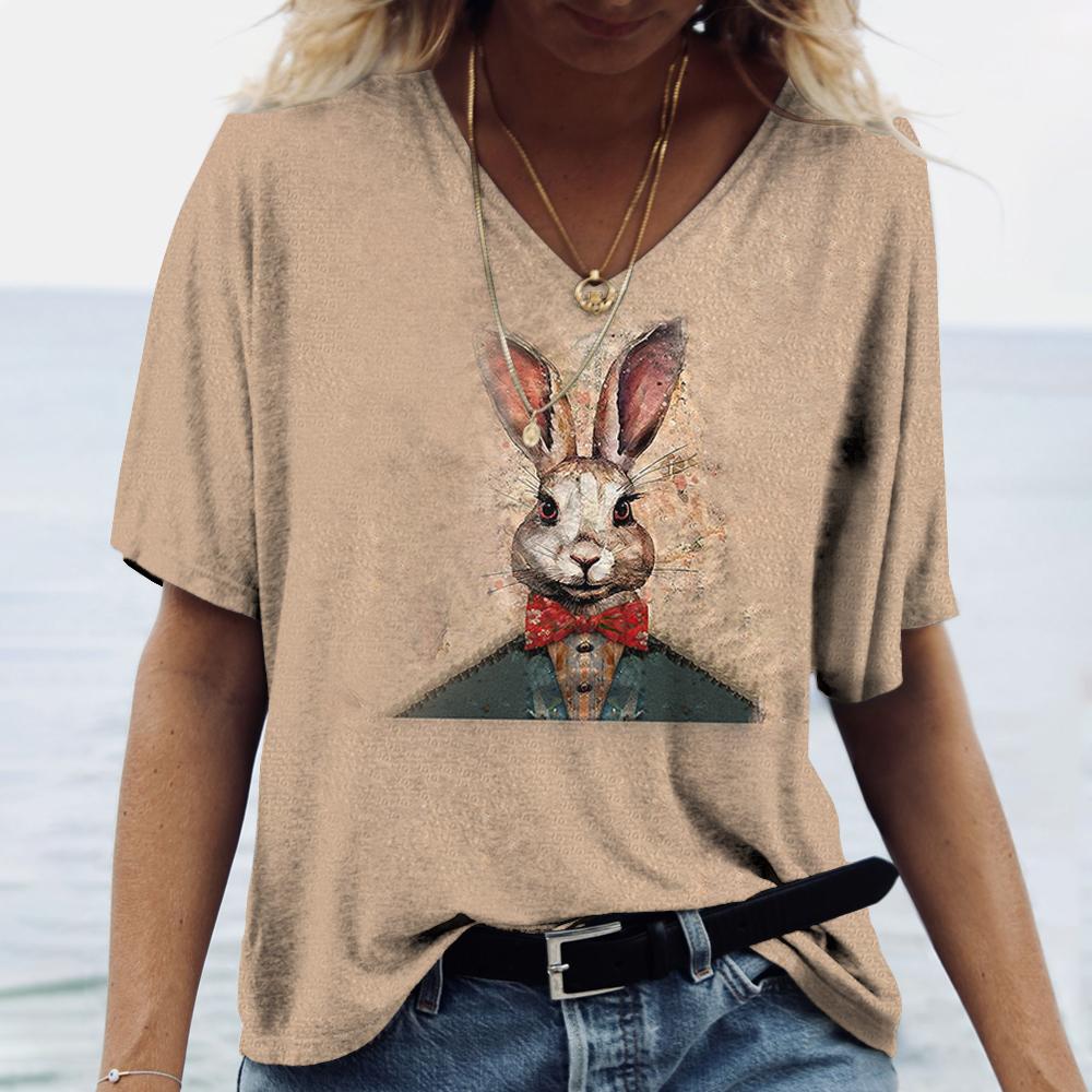 T-shirt d'été pour femme, imprimé animal, décontracté, manches courtes, lapin, col en V, surdimensionné, vêtements à la mode