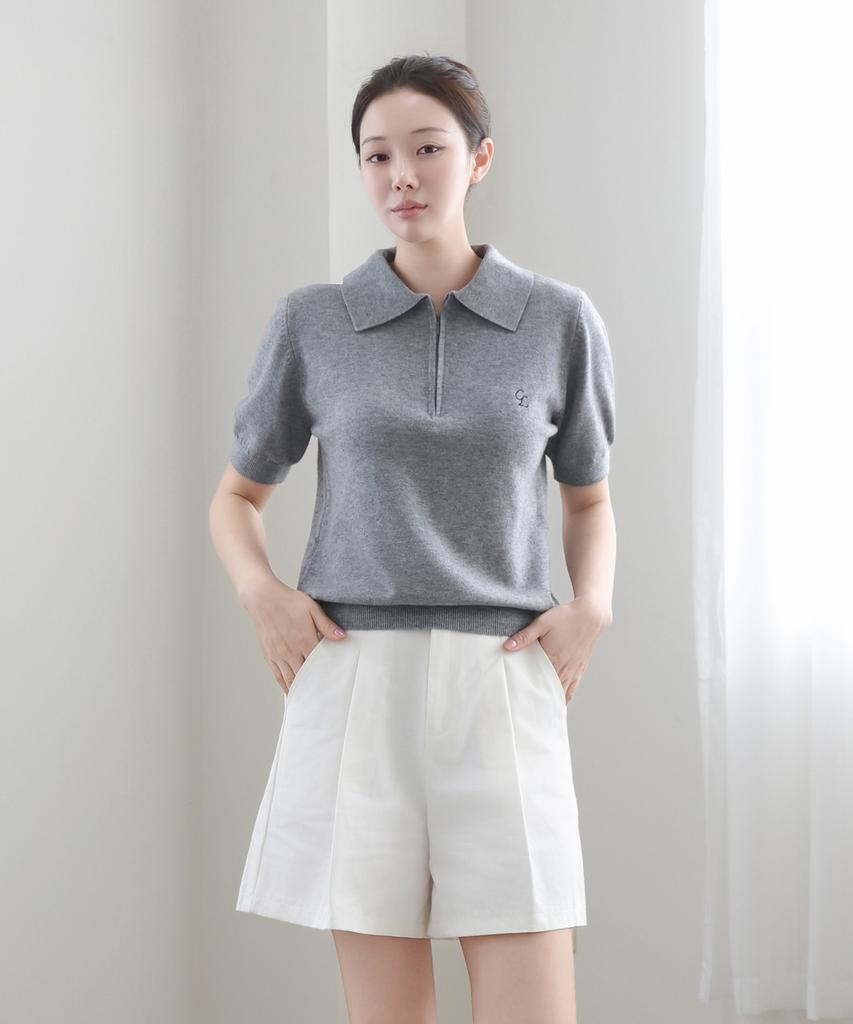 Keulleiseu Zip-Up Short Sleeve Knit_Ivory