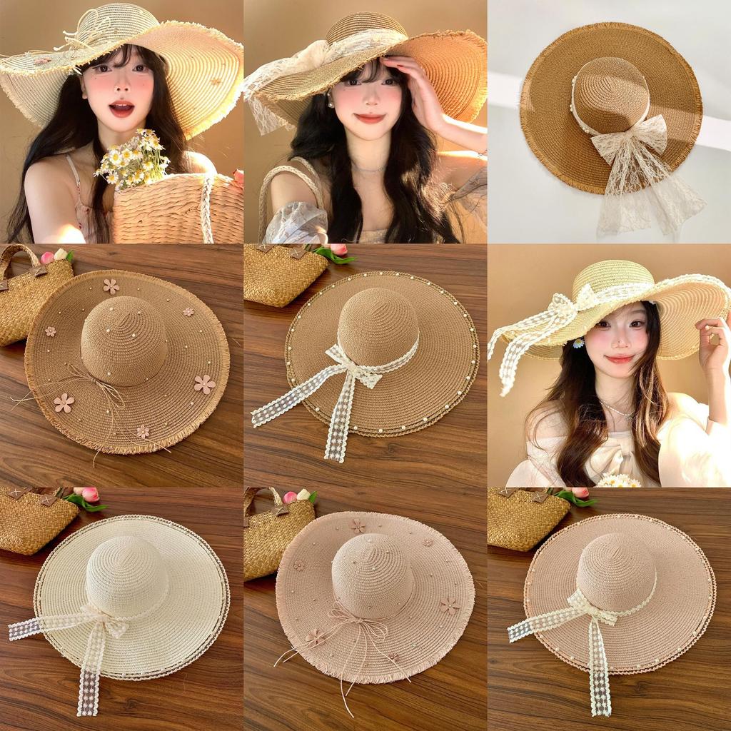 French Lace Bow Summer Wide Brim Hat For Sun Protection Beach Vacation Fans