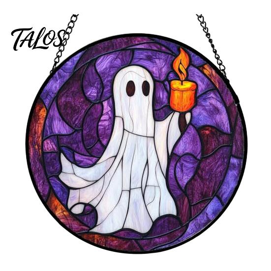 Waterproof Porch Decor Halloween Stained Glass Suncatcher Ornament, Vintage Hanging Window with Pumpkin Ghost Bat Witch Decorations Hat Pattern,