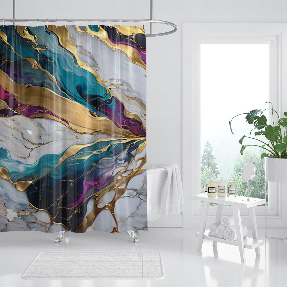 Svart Guld Marmor Spricka Badrum Duschdraperi Lyx Abstrakt Deko Texturerad Geod Konst Polyestertyg Krokar Badrumsgardin Set