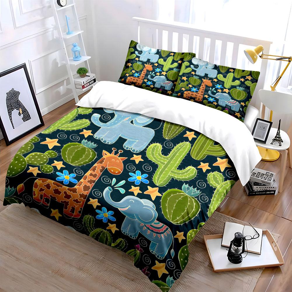 Cartoon Safari Animals & Cactus Bedding Duvet Cover Set  (1*Duvet Cover 2*Pillowcases, Without Duvet Insert)