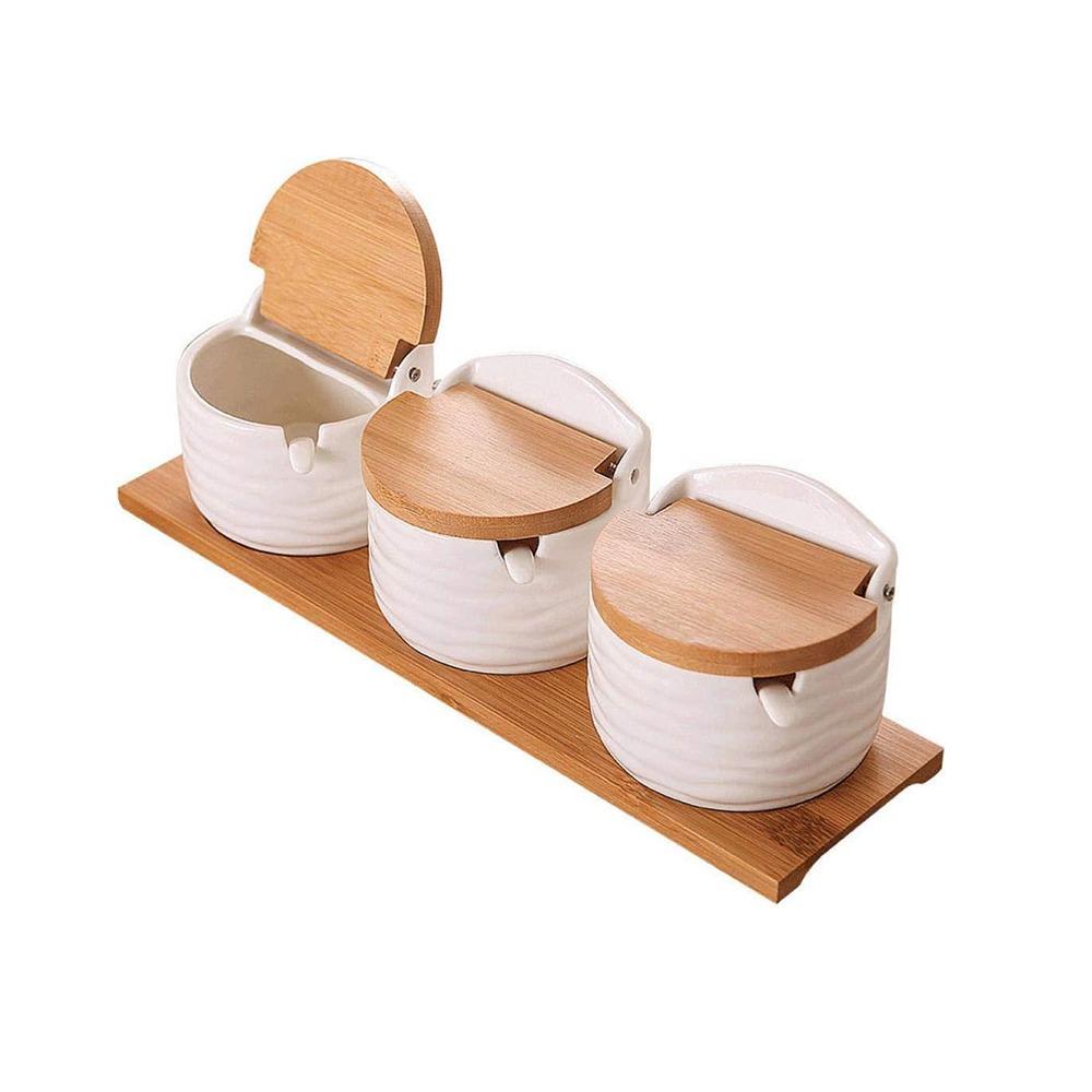 Serving Spoon Ceramic Seasoning Jar Set Bamboo Lid Kitchen Condiment Container  Counter