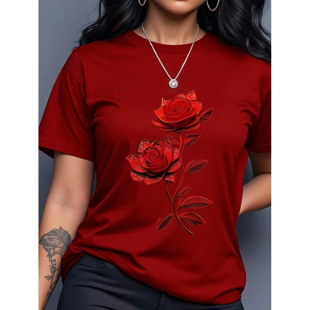 Women's Casual Rose Butterfly Print Round Neck Short Sleeved T-shirt, Summer