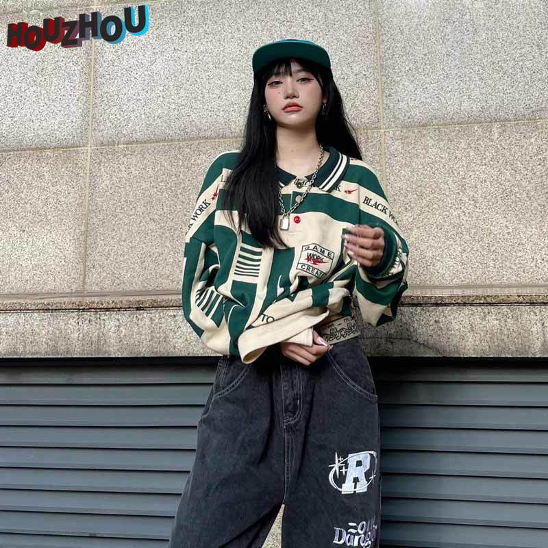 Pull ample surdimensionné vintage pour femme, streetwear décontracté, hip-hop, harajuku, polo à revers pour fille