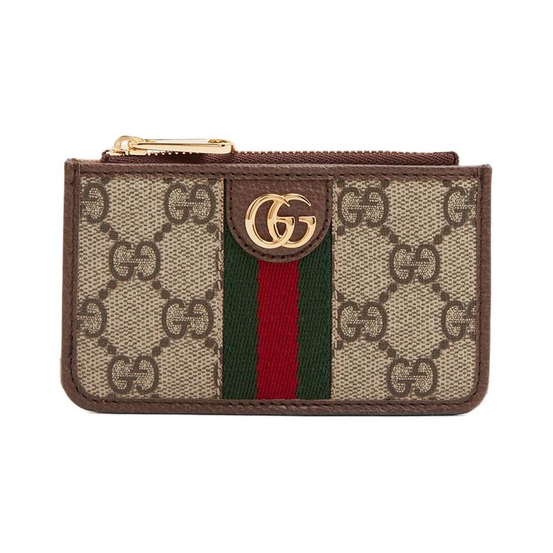 Gucci Ophidia Presbyopia Logo Striped Web Canvas Patch Leather Card Holder Card Holder Unisex Couple Style Ebony/Brown