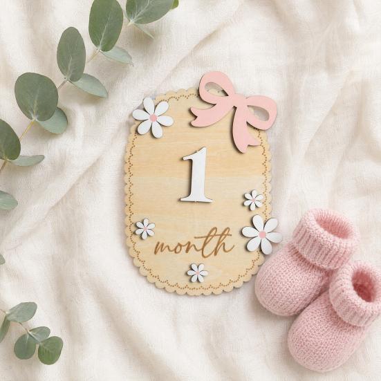 Baby Monthly Milestone Ornaments, Wooden Growth Markers with 3D Bow And Flower Decoration, Baby Monthly Milestone Cards for Baby Photos Keepsake