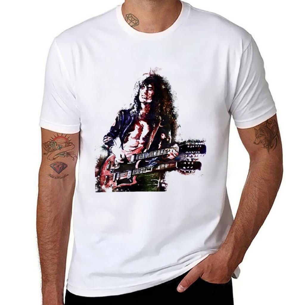 Jimmy Page With Double Guitar TShirt Thanksgiving Casual Tee TShirt