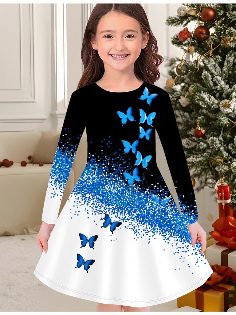 Mädchen Herbst- und Wintermodekleid, 3D-Schmetterlingsdruck Rundhalsausschnitt Lang Kinder-T-Shirt-Kleid, Lässig Vielseitig, Weihnachtskleidung