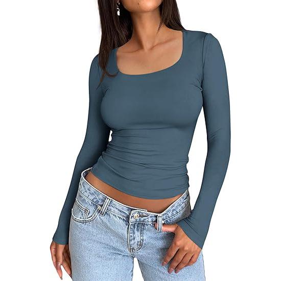 Women's Solid Color Slim Fit Long-Sleeved Square Collar T-Shirt - European & American Style