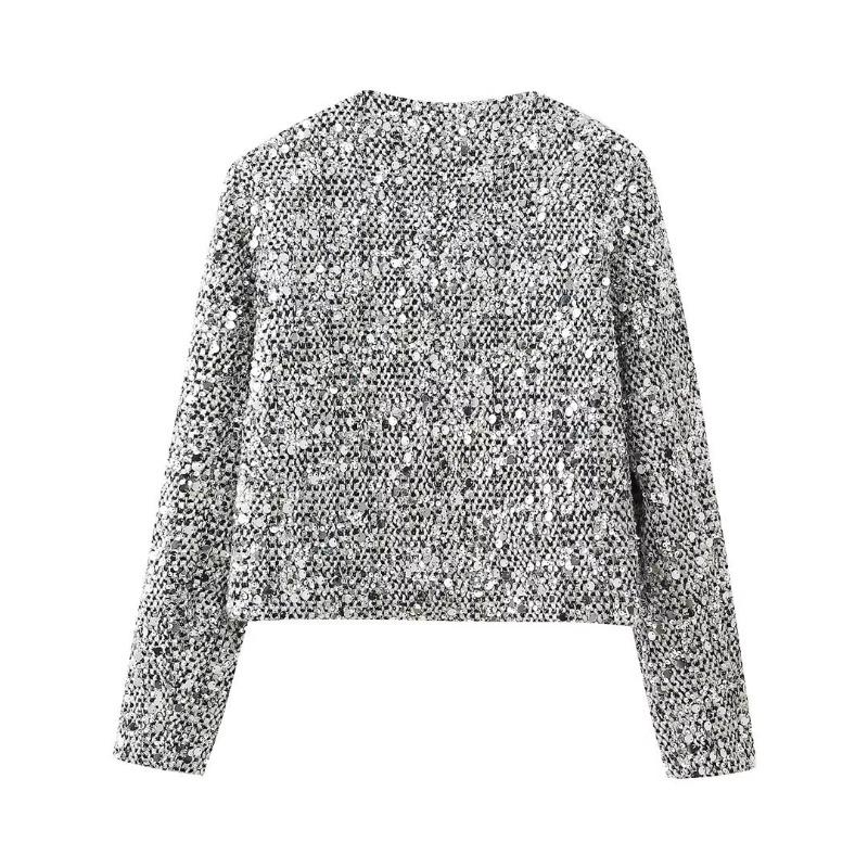 Round Neck Sequin Tweed Blazer Women's Embroidered Bead Coat Elegant Office Lady Long Sleeved Jacket New Fashion Spring and Autumn