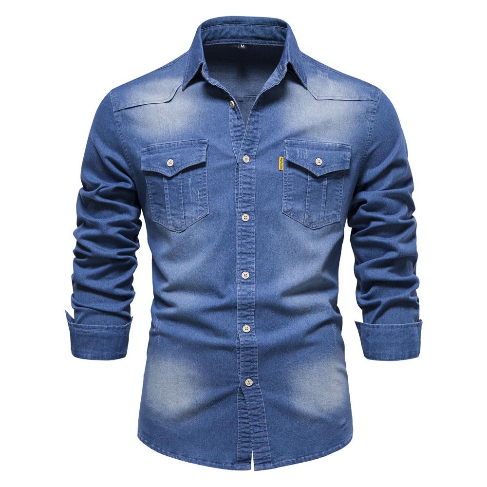 Men's Spring Autumn Denim Shirt, Solid Color Long Sleeve Casual Button-Up Jean Shirt, Classic Lightweight Denim Top