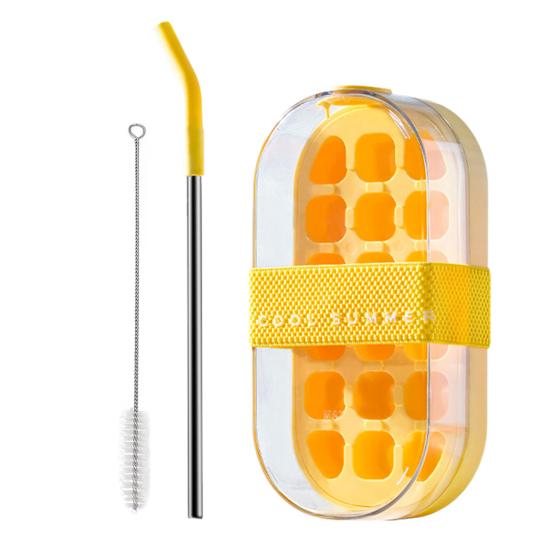 Water Bottle Ice Tray with Straw One-Click Release 2-in-1 Ice Cube Mold & Kettle Portable Water Bottle Vertical Ice Cube Tray for Freezer