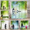 Zen Shower Curtain Landscape Green Bamboo River Lotus Stone Purple Orchid Plant Leaf Polyester Fabric Bathroom Decor Curtain