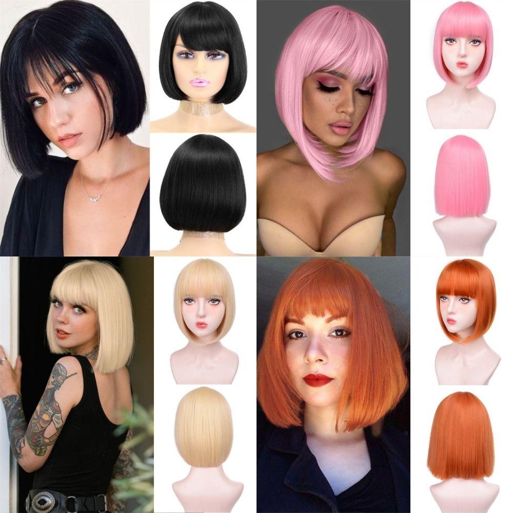 Harajuku Women Layered Wig Cosplay Pink Black Orange Short Wigs Bob Straight Hair Wigs for Women
