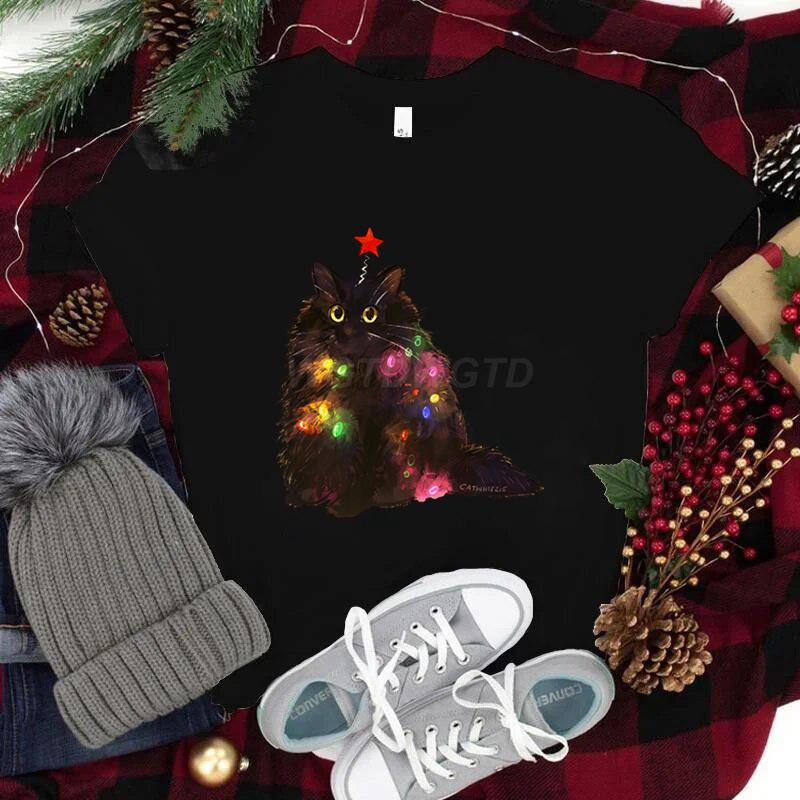 Women Tshirts Christmas Lights Cat Kawaii Cartoon Tops Tees Cute Animal Lover Funny T Shirts Girl Black Cat Fashion Casual Tops