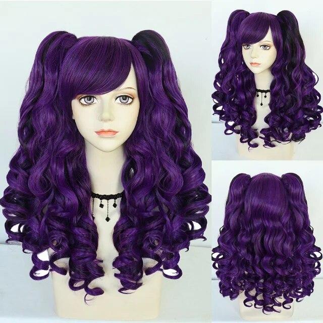 Cosplay Wig Synthetic Long Colored Curly Girls Lolita Cosplay Wig With Double Ponytails & 1pc Wig Cap