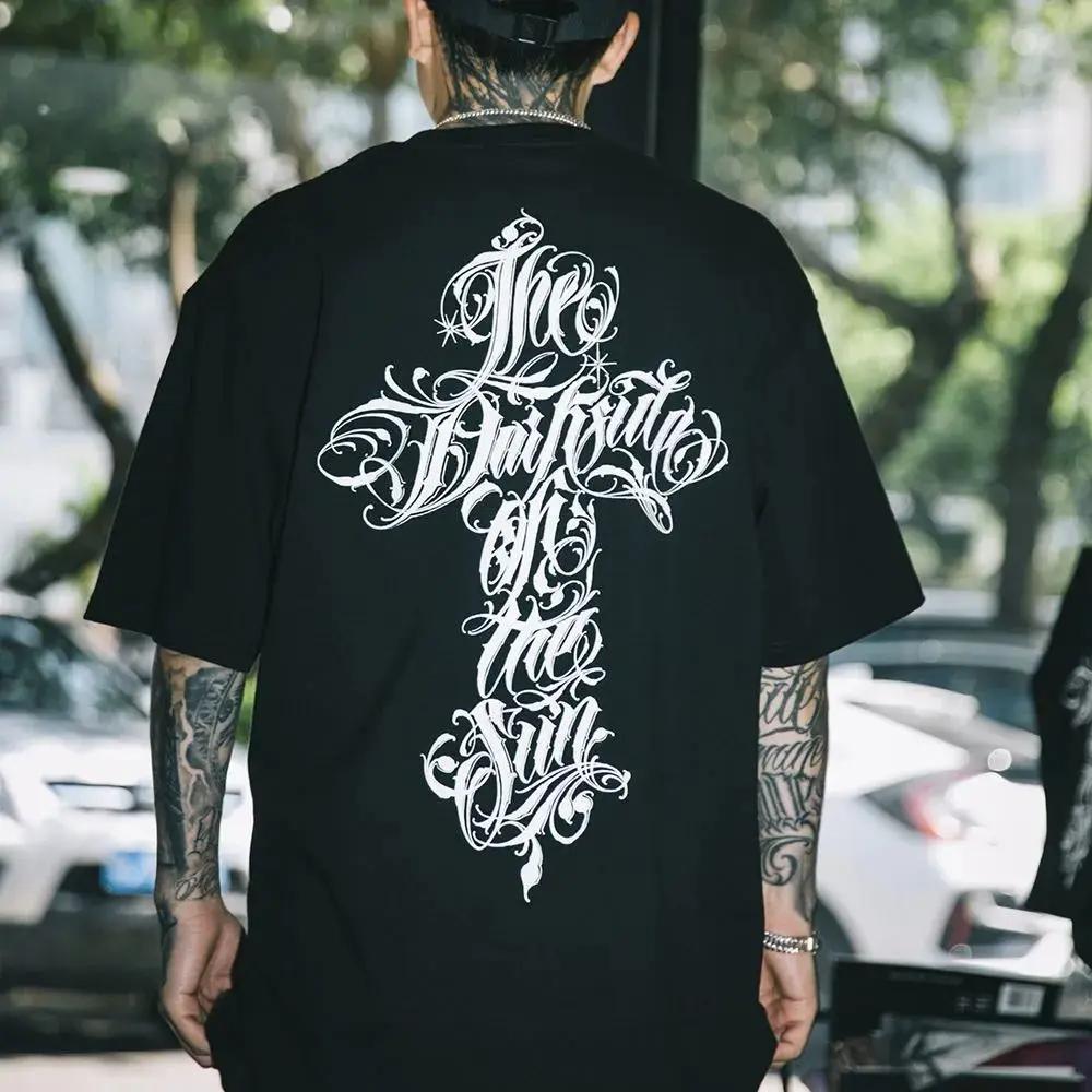 Harajuku Streetwear Hip Hop Uomo Tatuaggio Chicano Davanti Fross maglietta maniche corte personalità Gangster West Coast Streetwear