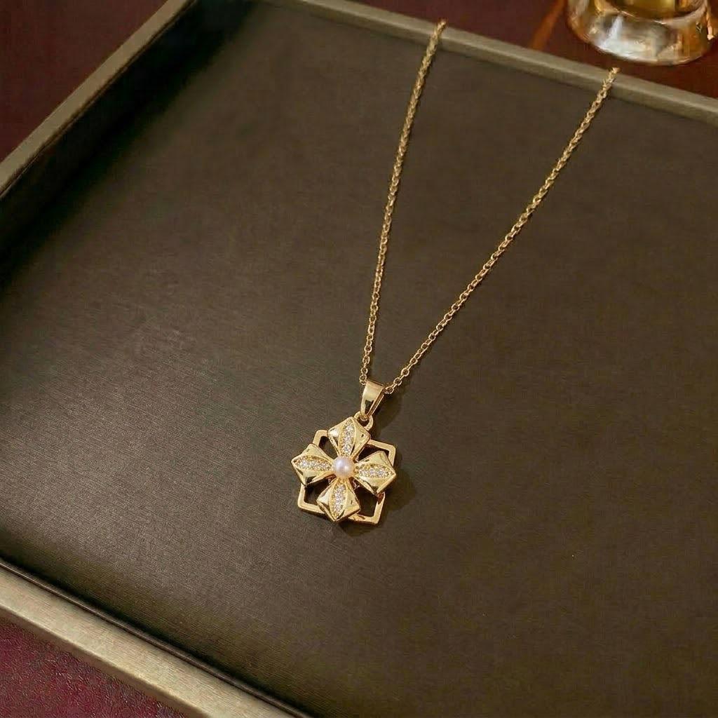 European & American Women's Zircon Flower Necklace & Rotatable Pendant Earrings Set