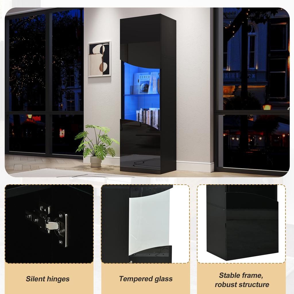 35*50*165cm Living Room Display Cabinet, High-Gloss (Doors), Tall, Large Storage Space and LED Lighting, Concave Arched Wave Surface Design, Black