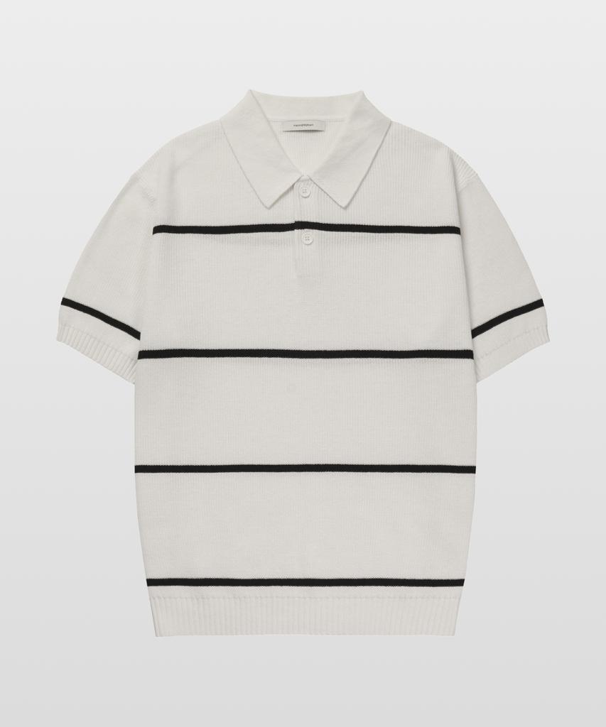 MANNERGRAM Textured Striped 100% Cotton Polo Short Sleeve Knit White