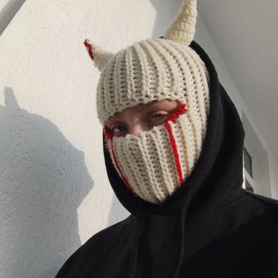 Casquette d'Halloween tricotée avec oreilles de lapin, coupe-vent, accessoire de fête, garde au chaud, ajustement régulier, chapeau en corne imprimé floral pour le sport de plein air