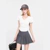 V-neck Gray Short-sleeved Front Shoulder T-shirt Women's Summer Summer Slim-fitting Tight-fitting Waist Pinched Spice Girl Waist Design Short Top