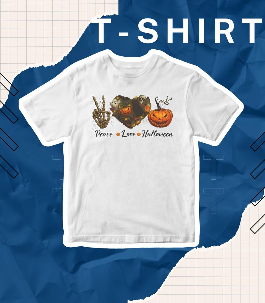 Peace Love Halloween Shirt | Skeleton Pumpkin Spooky Season Graphic Hallo.