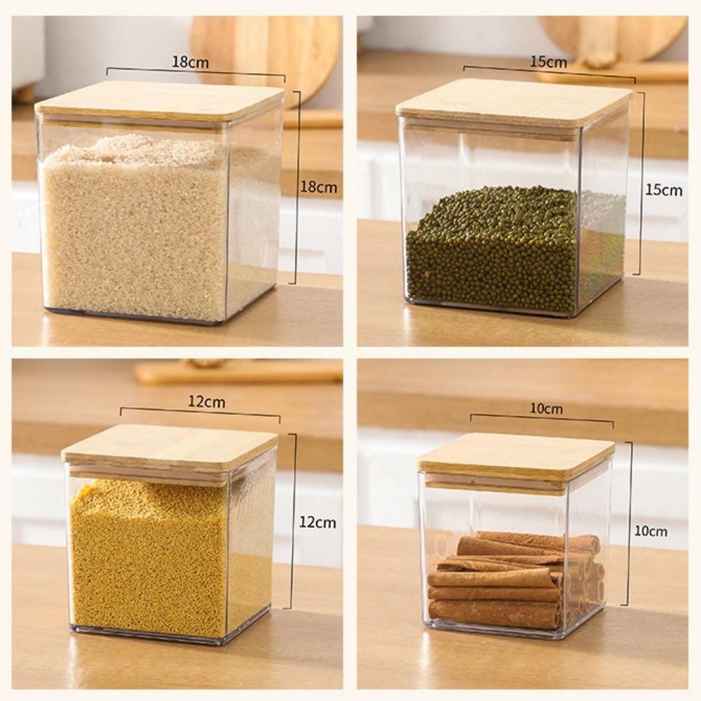 Transparent Square Storage Jars Bamboo Lids Sealed Can Spice Containers Clear Moisture Proof Pantry Organizer Kitchen
