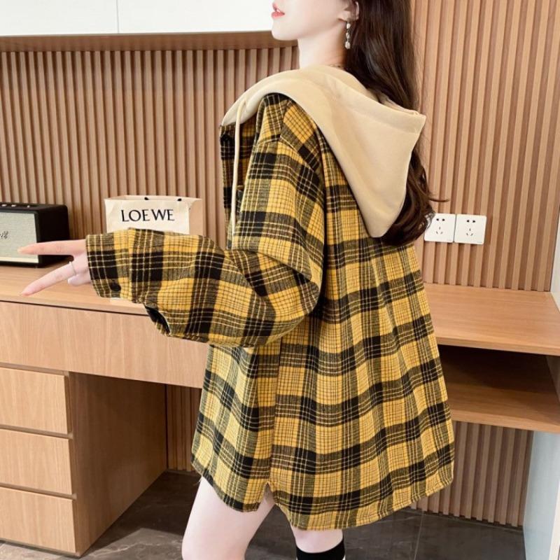 Herbst Winter Vintage Karodruck Patchwork Kapuzenshirt Damen Langarm Locker Lässig Strickjacke Bluse Top