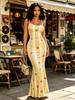 Women's Modern Elegant Casual Suspender Bodycon Mermaid Dress with Striped & Button Print Yellow Maxi Dress