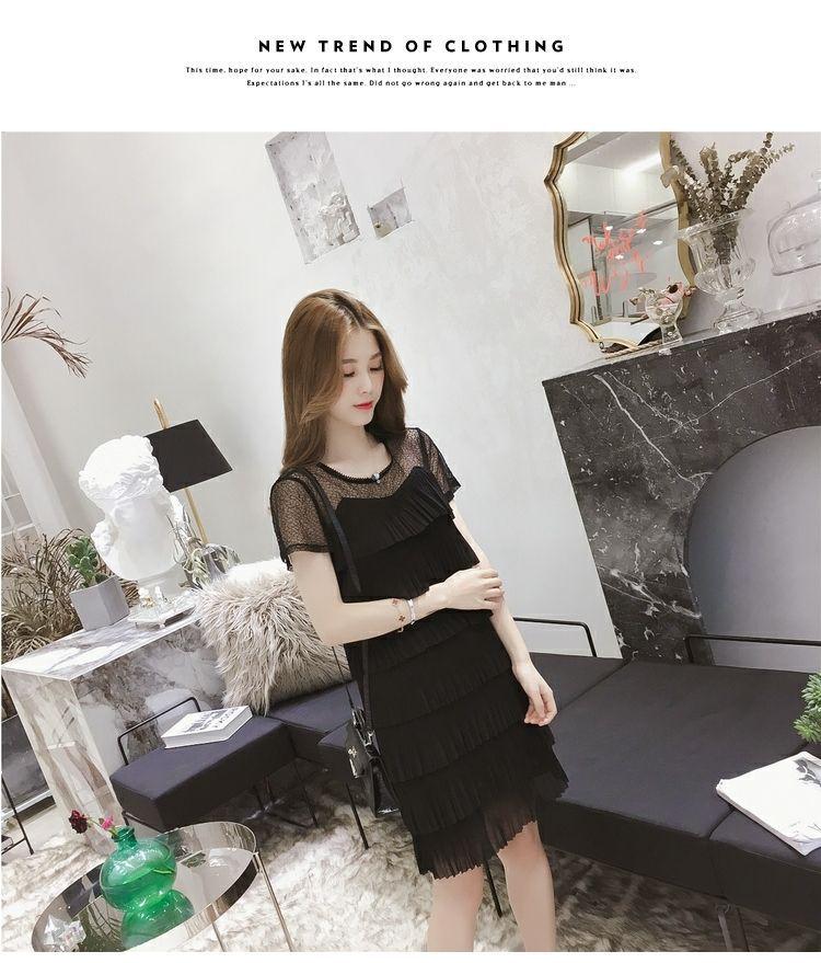 Summer Lace Patchwork Chiffon Dress, Short-Sleeved Fairy Style Cake Skirt In Black