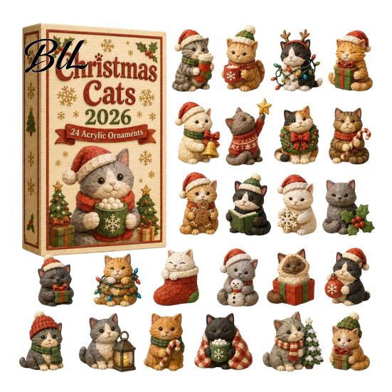 24 Day Christmas Countdown Cat Advent Calendar, with Cute Ornaments, Calendar 2D Acrylic Kitty Holiday Decorations, Gift for Kids, Party Favors Gifts