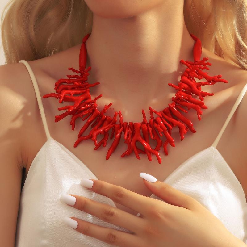 Trendy Vintage Beaded Chain Bohemian Necklaces For Women Big Beads Coral Pendant Jewelry Gift