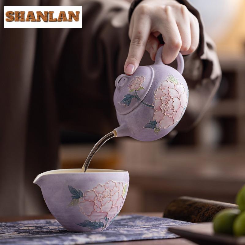 170ml Hand-painted Carved Peony Teapot Vintage Tea Infuser Pot Tea Soaking Kettle With Ball Hole White Tea Drinkware Ornaments