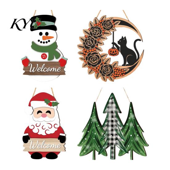 Festival Hängender Schmuck Weihnachten 2D Holz Willkommensschild, Cartoon Weihnachtsmann Schneemann Baum Veranda Schild Türhänger mit Seil, Weihnachten Wand Vorderseite Feiertag