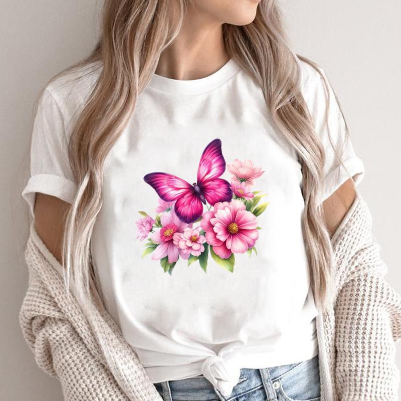 (Asian Size) Lovely Butterfly 90s Print Fashion Female Short Sleeve T-shirts Women's Top T Clothing Casual O-neck Graphic Tee