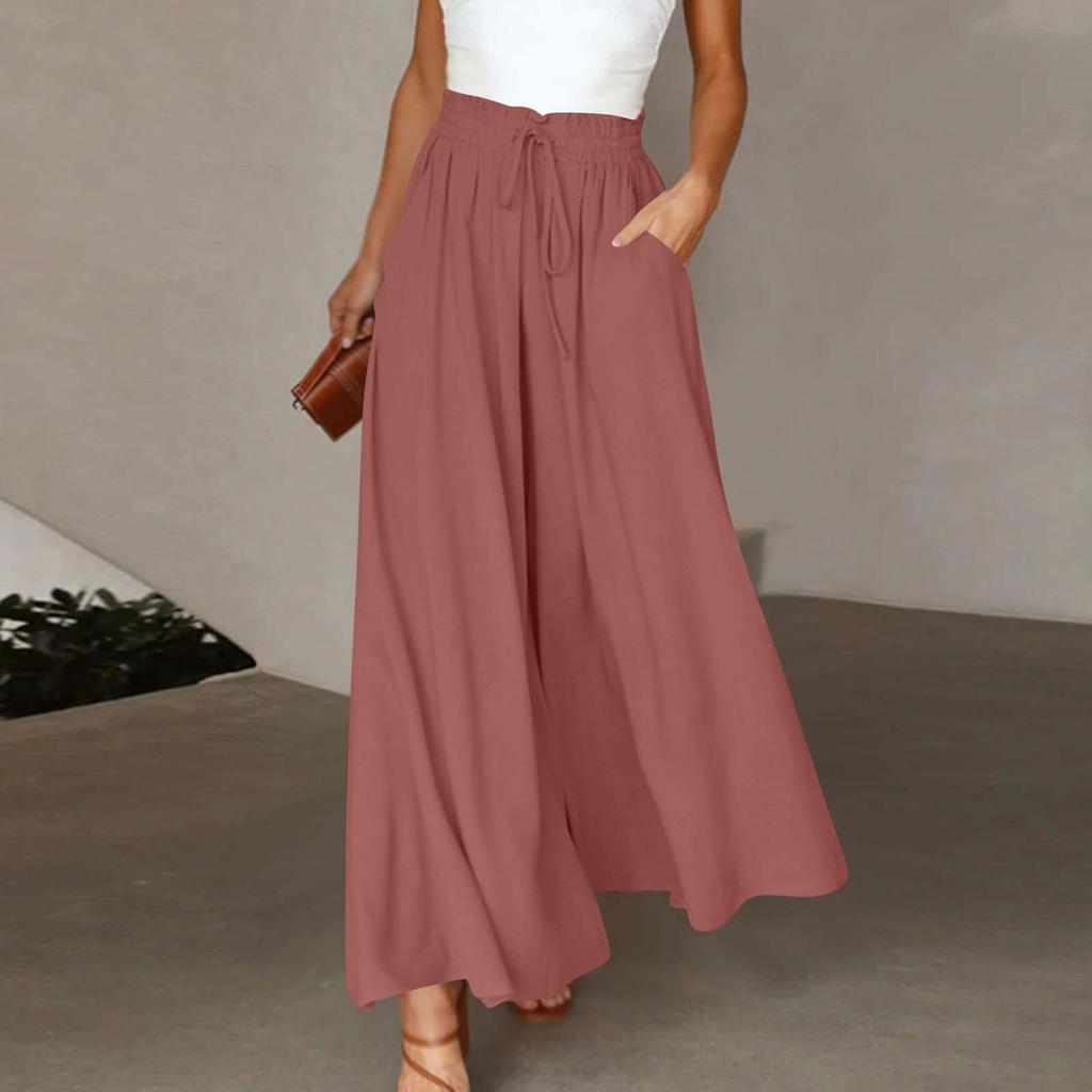 Dames Kleur Broeken Elastische Tailleband Wijde Pijpen Hoge Taille Lange Culottes