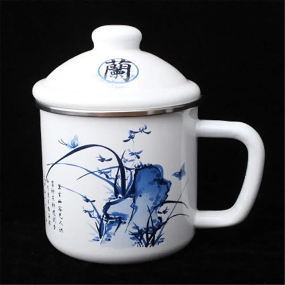 700ML Enamel Cup Chinese Style Blue And White Porcelain Tea Mug With Lid 10CM Caliber Office Teacup Nostalgic Enamel Mug