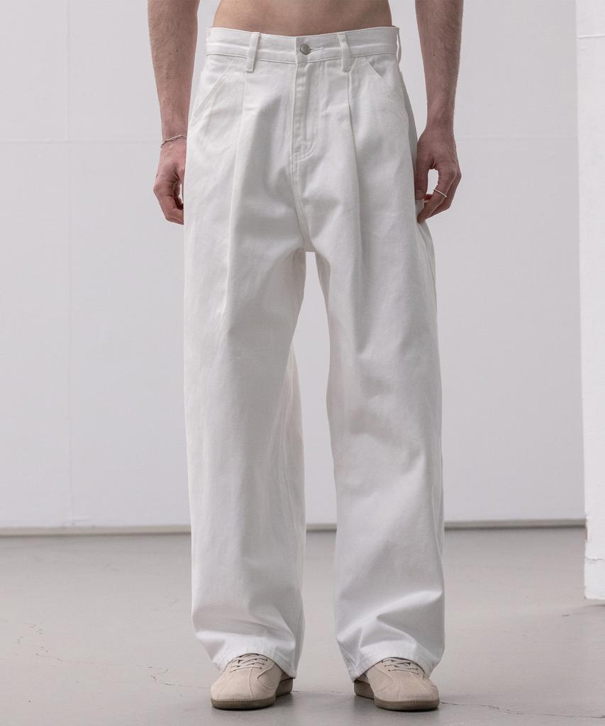 Dekkoloso Washed Cotton One-Pleat Wide Pants [White]