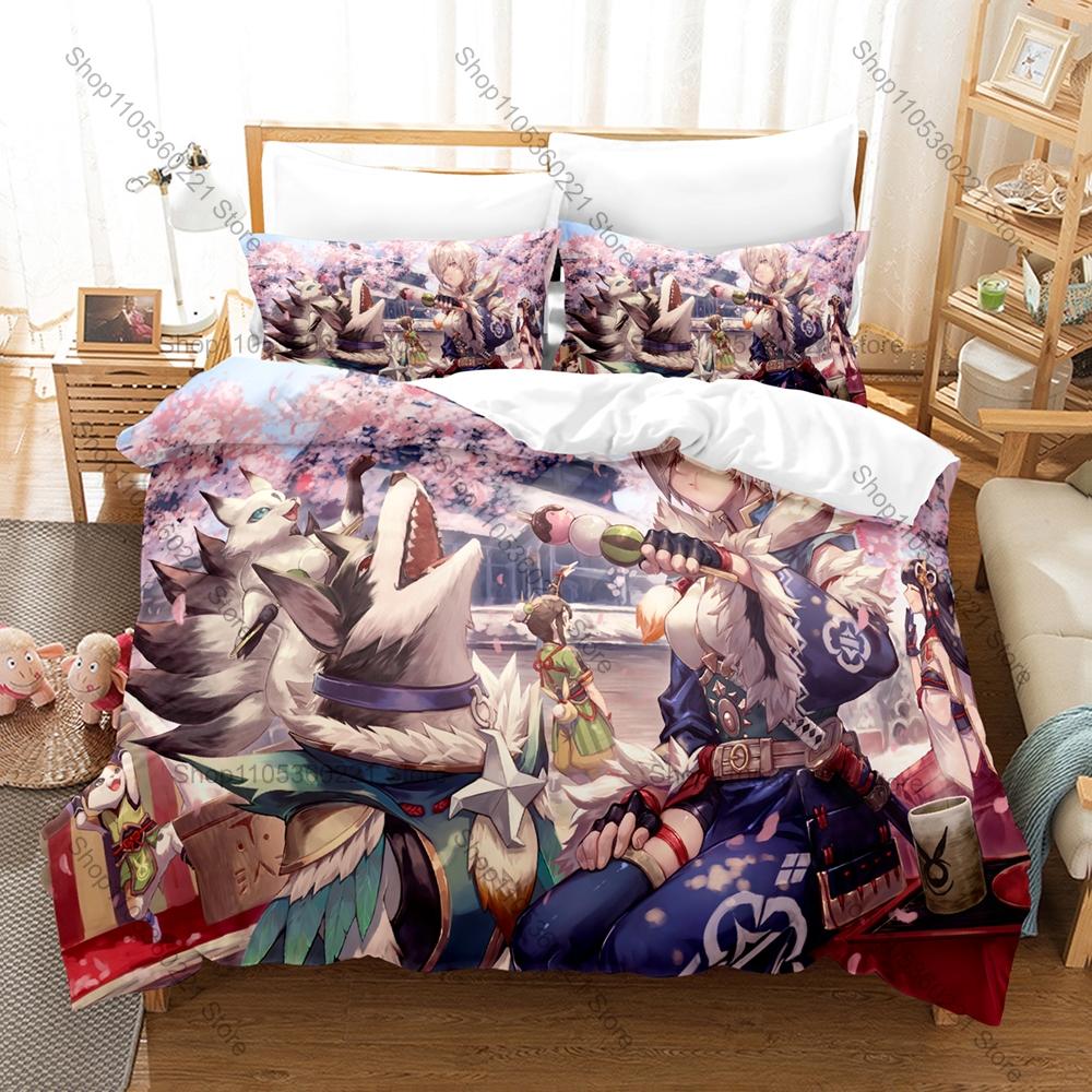Monster Hunter Rise Merch 3PCS Bedding Duvet Cover With 2 Pillowcases Washable Zipper Gaming Bed Cover