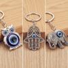 Viel Glück Nazar Blauer Auge Schlüsselanhänger Vintage Silber Eule Elefant Fatima Hand Anhänger Schlüsselring Talisman Schmuck Geschenk für Männer Frauen