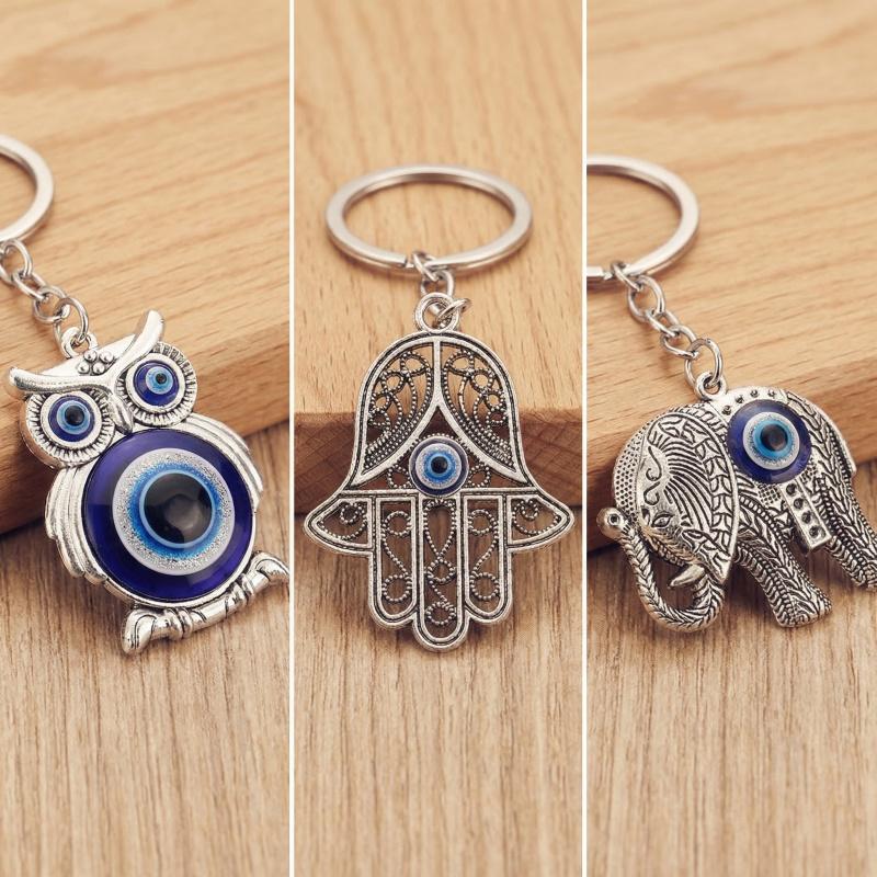 Viel Glück Nazar Blauer Auge Schlüsselanhänger Vintage Silber Eule Elefant Fatima Hand Anhänger Schlüsselring Talisman Schmuck Geschenk für Männer Frauen