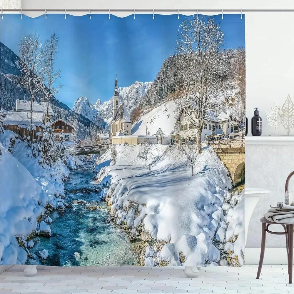 Winter Forest Shower Curtains Snow-Covered Pine Alpine Peaks Idyllic Early Morning Scenery Seasonal Christmas Elk Bathroom Decor