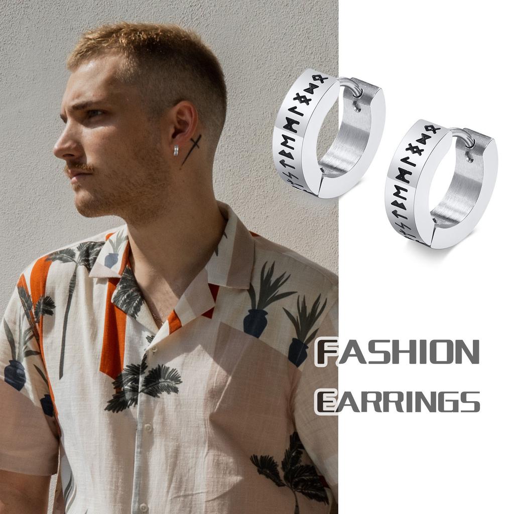 Vintage Norse Viking Runes Hoop Earrings for Men ,Waterproof Stainless Steel Huggie Ear Gifts Christmas Jewelry